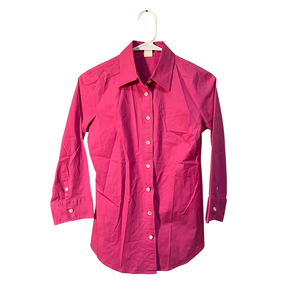J. Crew Factory Womens Size Small Button Down Shirt Bright Pink 3/4 Sleeve 91429